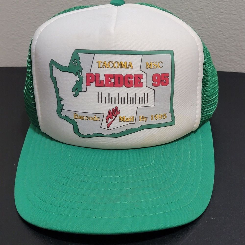 Vintage USPS 1995‎ Barcode All Mail Initiative Green Mesh Trucker Snapback Hat